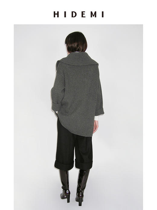 HIDEMI 进口澳洲美利奴羊毛加厚款粗针海军领大翻领拉链深灰色外套大毛衣 商品图3