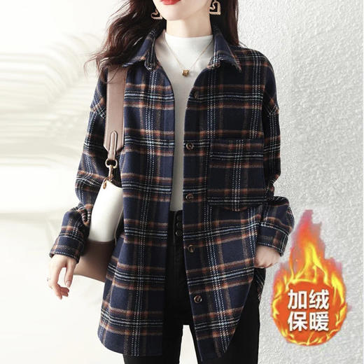 雀说 加绒加厚格子女秋冬复古高端中长款棉衬衫外套4ZF-9033 商品图1