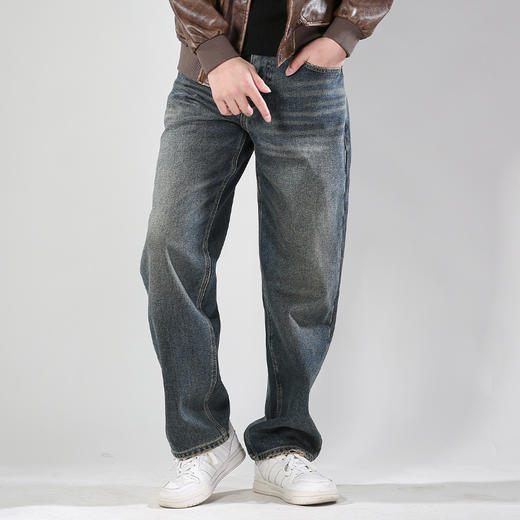 DRONKOO 2024 内抽绳松紧腰口袋脚口磨破复古洗水复合绒厚牛仔长裤 商品图1