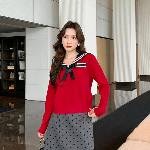 奢姿2025秋季新款大码女装拼色小香风上衣胖妹妹减龄海军领针织衫9843663145 商品图3