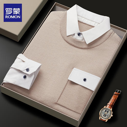 【精选】罗蒙加厚保暖百搭假两件打底衫  圆领长袖T恤拼接款打底衫内搭抗寒恒温 商品图1