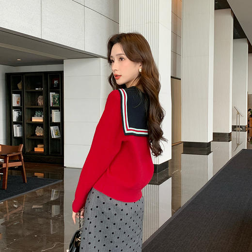 奢姿2025秋季新款大码女装拼色小香风上衣胖妹妹减龄海军领针织衫9843663145 商品图4