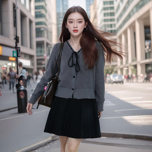 奢姿大码女装2024冬季蝴蝶结减龄V领两件套胖妹妹时尚针织套装9844953688 商品图0