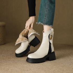 【预售5天】保暖棉靴羊皮毛一体雪地靴女冬加绒加厚真皮厚底短靴英伦风马丁靴168XY&1681053