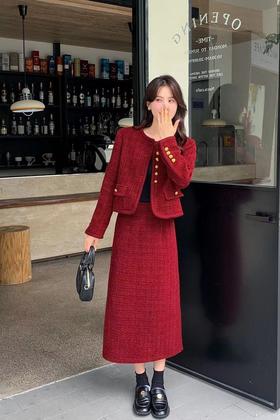 Le Malene 小香风红色节日氛围外套半裙套装 19248