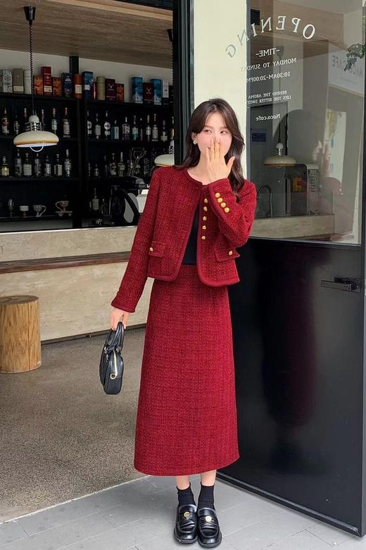 Le Malene 小香风红色节日氛围外套半裙套装 19248 商品图0