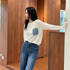 【顺丰包邮】45637 洛诗琳秋季设计感牛仔口袋贴布拼接纯色小众T恤107