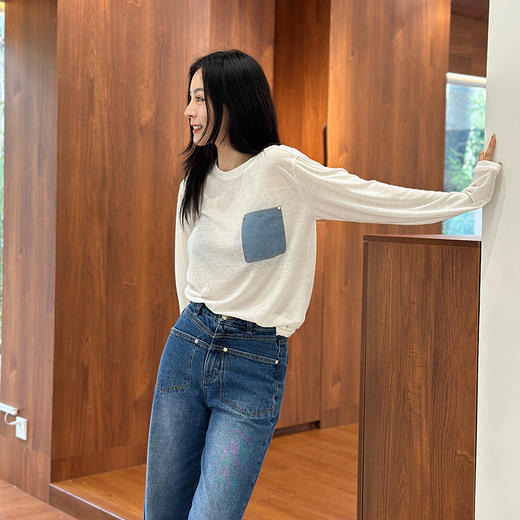 【顺丰包邮】45637 洛诗琳秋季设计感牛仔口袋贴布拼接纯色小众T恤107 商品图0