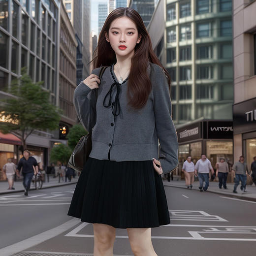 奢姿大码女装2024冬季蝴蝶结减龄V领两件套胖妹妹时尚针织套装9844953688 商品图1