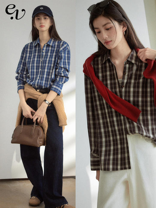 Even Vintage| 全棉碳素磨毛 通勤复古感格纹定制logo刺绣衬衫女 商品图0