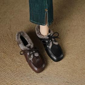 【预售5天】羊毛羊皮方头系带保暖豆豆鞋女深口低跟平底勃肯鞋加厚加绒乐福鞋SSS&S9063M