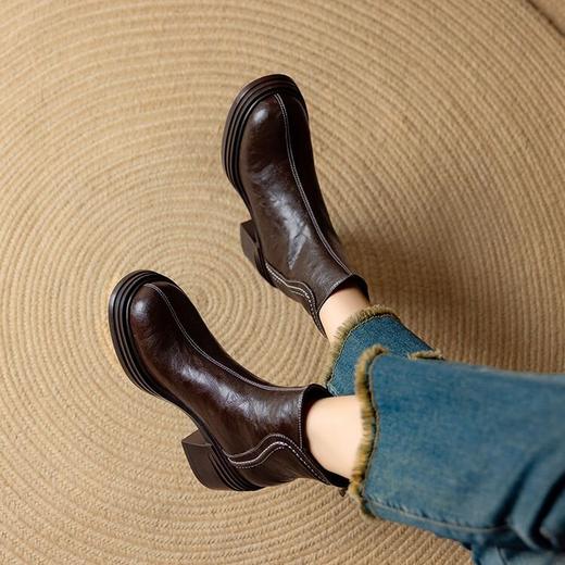 【预售5天】英伦风厚底短靴女秋冬新款真皮翻毛皮百搭马丁靴粗跟中跟MLD&A198M 商品图2