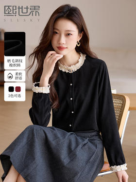 【1件75折】熙世界法式黑色丝绒衬衫女2025年秋冬新款赫本风长袖衬衣气质上衣