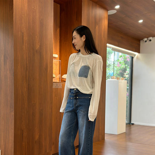 【顺丰包邮】45637 洛诗琳秋季设计感牛仔口袋贴布拼接纯色小众T恤107 商品图1