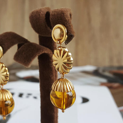 【天然正品】AU750黄金镶天然墨西哥蓝珀琥珀圆珠宫廷风耳环46.0*13.9*13.9MM（皆取最大值）女士现售价：4880!021124NJS11 商品图2