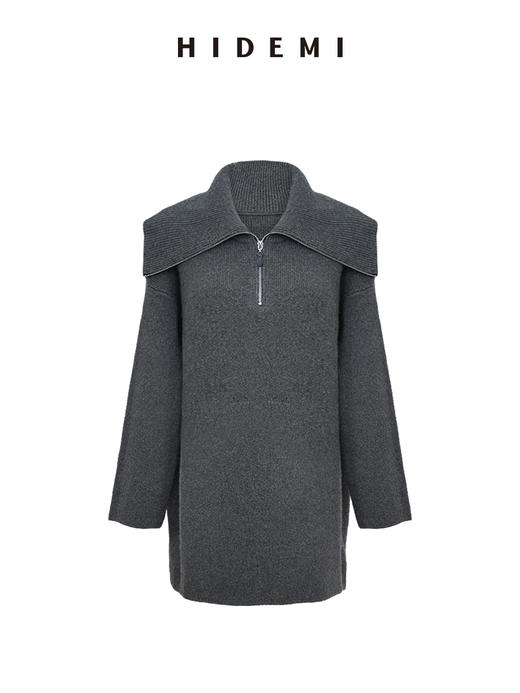 HIDEMI 进口澳洲美利奴羊毛加厚款粗针海军领大翻领拉链深灰色外套大毛衣 商品图4