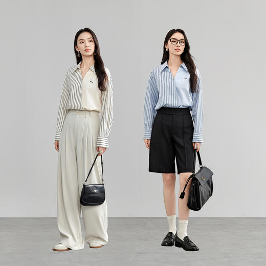 【内购】知识分子灰蓝条拼接蓝衬衫微轮廓设计感条纹通勤长袖上衣-151C58029 商品图1