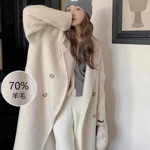 奢姿大码女装2024冬季翻驳领中长款外套胖妹妹双排扣羊毛呢大衣6544386908 商品图0
