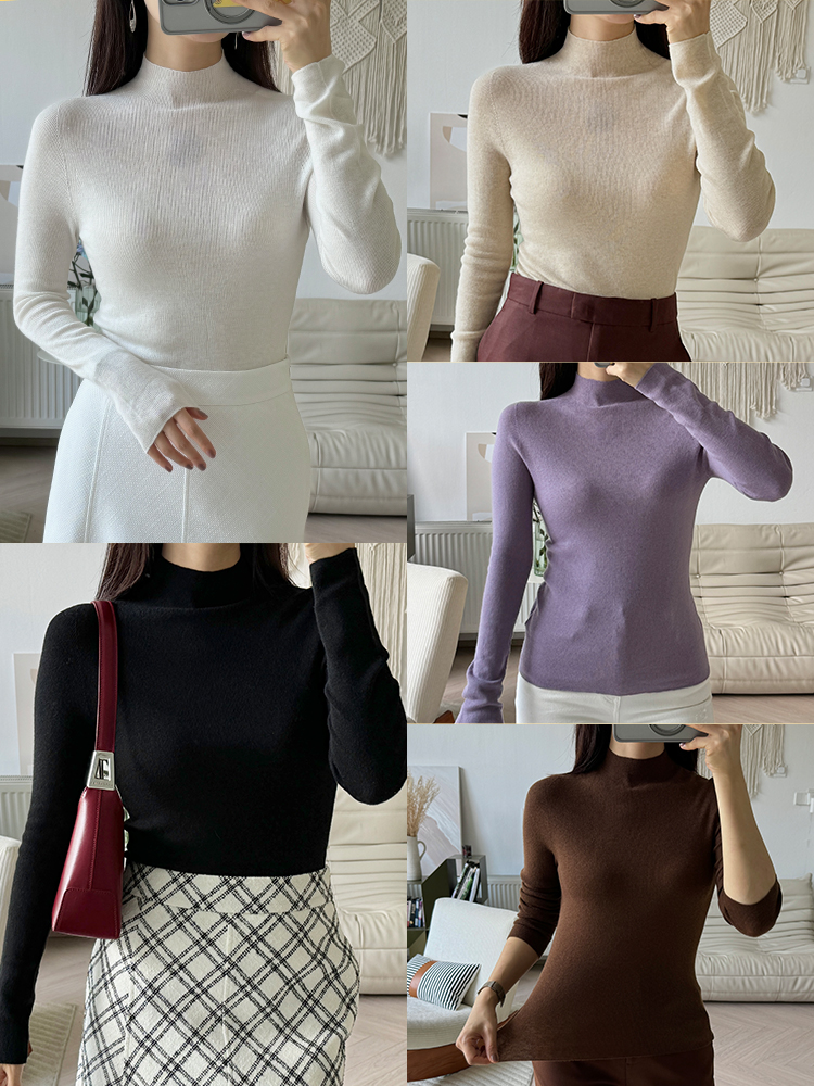 “可机洗”一体针「真丝羊绒混纺」半高领针织打底衫