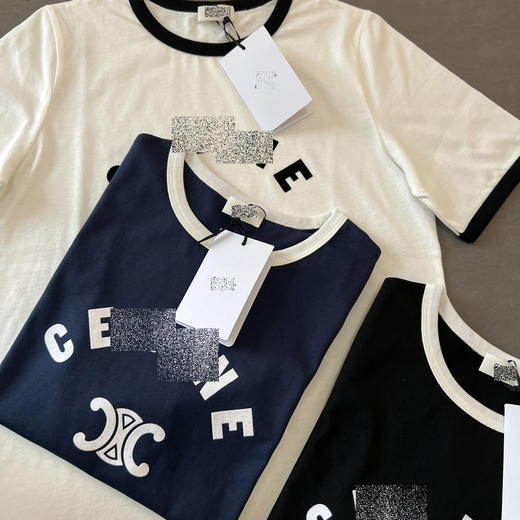 CL 2024新款 凯旋门 女士 植绒字母LOGO 撞色休闲圆领短袖T恤 特惠 Z-12081 商品图4