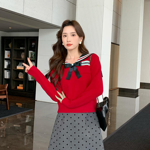 奢姿2025秋季新款大码女装拼色小香风上衣胖妹妹减龄海军领针织衫9843663145 商品图1