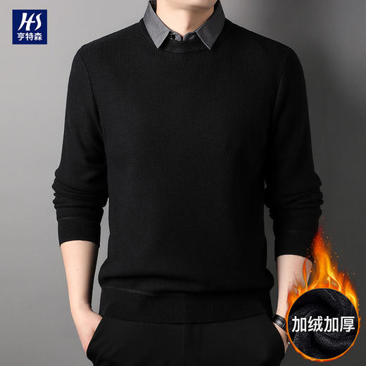 加绒男士假两件冬季新款中年翻领加厚保暖长袖打底针织衫毛衣男💕 商品图1