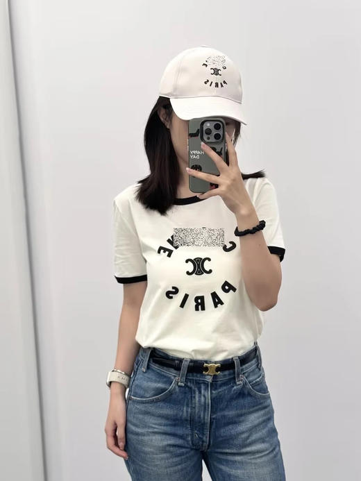 CL 2024新款 凯旋门 女士 植绒字母LOGO 撞色休闲圆领短袖T恤 特惠 Z-12081 商品图1