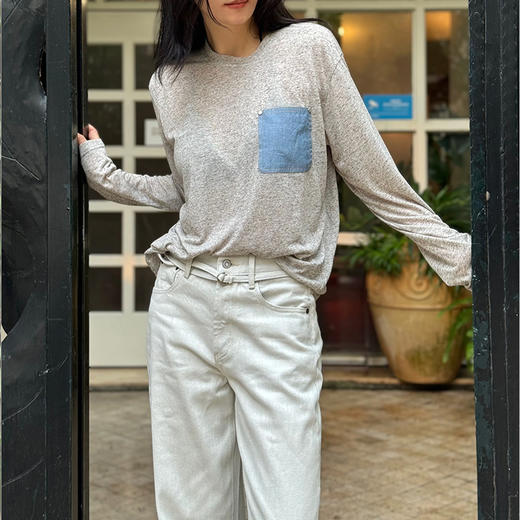 【顺丰包邮】45637 洛诗琳秋季设计感牛仔口袋贴布拼接纯色小众T恤107 商品图4