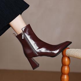 【预售5天】尖头高跟靴女秋冬季保暖英伦风职业马丁靴洋气粗跟短靴SLLK&sl-7856