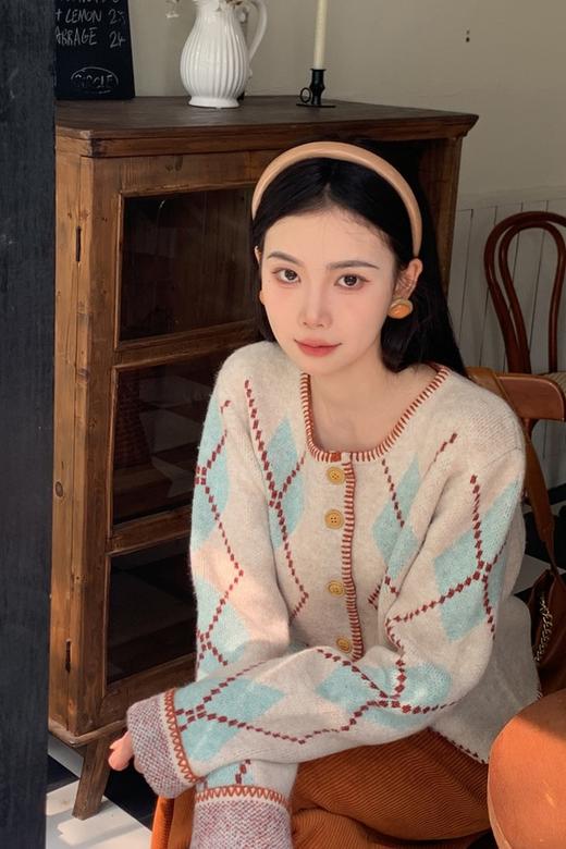 LNNNS 彩色菱格纹针织开衫毛衣外套 19368 商品图0