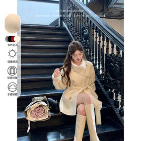 西遇黑色短款毛呢外套女冬季新款高领千金风收腰双排扣大衣SS141373