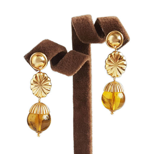 【天然正品】AU750黄金镶天然墨西哥蓝珀琥珀圆珠宫廷风耳环46.0*13.9*13.9MM（皆取最大值）女士现售价：4880!021124NJS11 商品图0