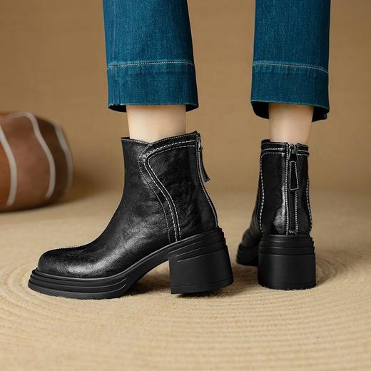 【预售5天】英伦风厚底短靴女秋冬新款真皮翻毛皮百搭马丁靴粗跟中跟MLD&A198M 商品图4