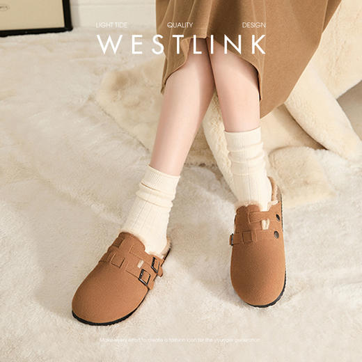 西遇加绒勃肯鞋女冬季新款外穿棉拖鞋厚底一脚蹬包头博肯半拖V4147867 商品图2