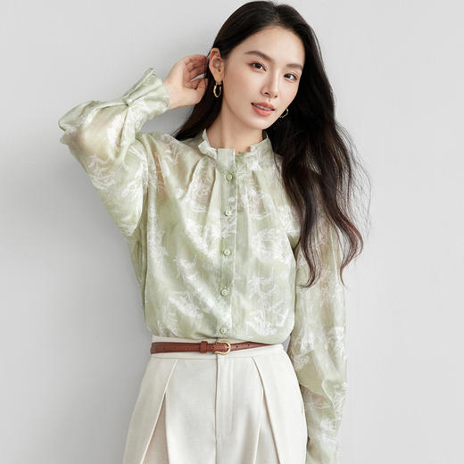 【尚都比拉】扎染底色优雅系列莱赛尔混纺荷叶边小立领花苞袖气质衬衫女-151C58061 商品图1