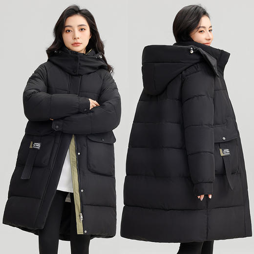 棉服女2024冬季新款韩版连帽女 中长款撞色宽松加厚棉袄外套棉衣 商品图5