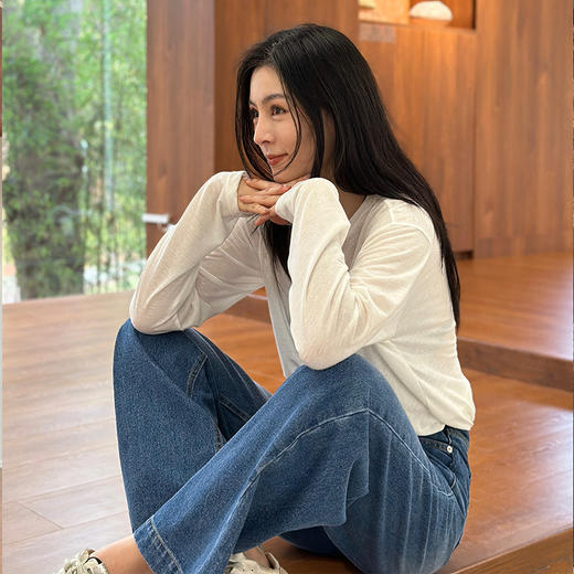 【顺丰包邮】45637 洛诗琳秋季设计感牛仔口袋贴布拼接纯色小众T恤107 商品图2