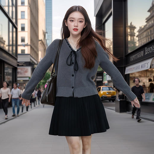 奢姿大码女装2024冬季蝴蝶结减龄V领两件套胖妹妹时尚针织套装9844953688 商品图4