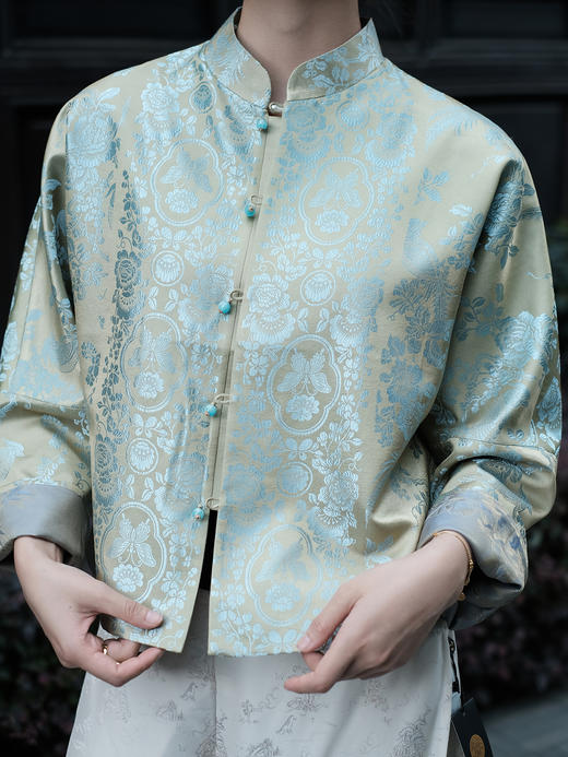 盛唐婧| 重磅桑蚕丝老缎新中式对花外套-翠绿 商品图1