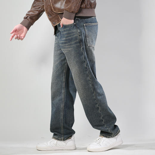 DRONKOO 2024 内抽绳松紧腰口袋脚口磨破复古洗水复合绒厚牛仔长裤 商品图2