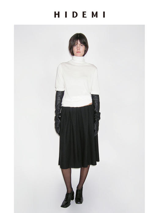 HIDEMI进口羊毛加厚款极简立体打缆压褶花苞设计感中裤裙裤 商品图0