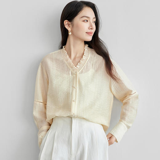 【内购】轻新中式新款新中式花边木耳领莱赛尔会呼吸轻量顺滑衬衫-151C57678 商品图1