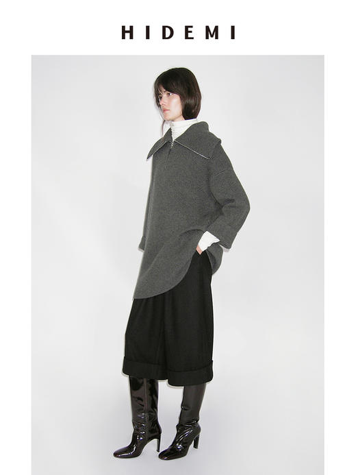 HIDEMI 进口澳洲美利奴羊毛加厚款粗针海军领大翻领拉链深灰色外套大毛衣 商品图1