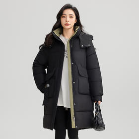 棉服女2024冬季新款韩版连帽女 中长款撞色宽松加厚棉袄外套棉衣