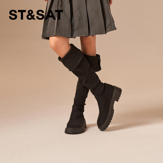星期六复古扣饰厚底百搭过膝长筒靴SSC4117C44 商品图8