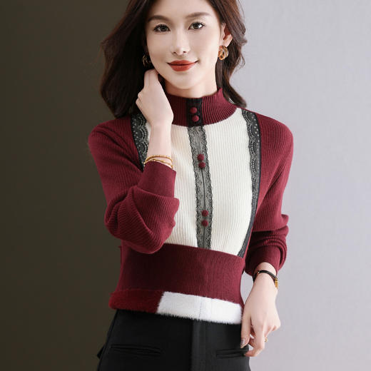 CC-11-9078一体绒打底衫女士新款拼色洋气蕾丝秋冬内搭加绒厚款毛衣 商品图2