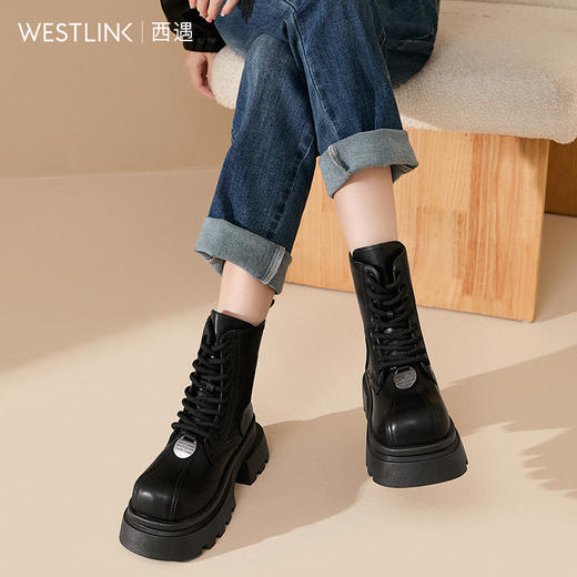 西遇厚底马丁靴女新款秋冬英伦单靴小个子增高松糕圆头短靴子V0047888 商品图2