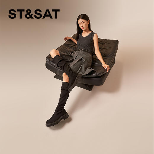 星期六复古扣饰厚底百搭过膝长筒靴SSC4117C44 商品图7