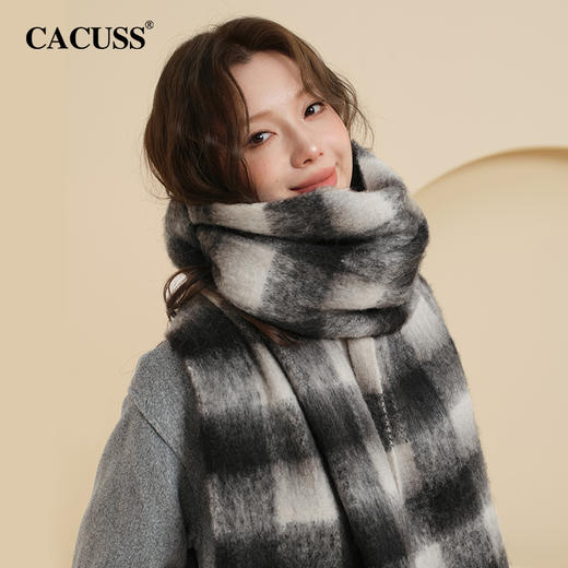 CACUSS冬季绵羊毛软糯格纹围巾 软fufu亲肤细腻保暖防寒 户外披肩围脖 商品图1