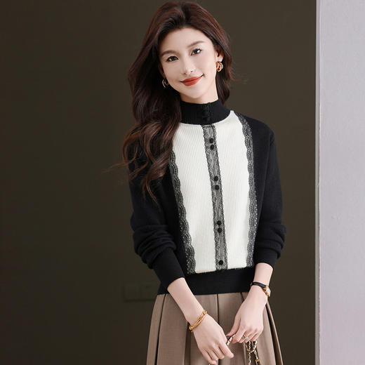 CC-11-9078一体绒打底衫女士新款拼色洋气蕾丝秋冬内搭加绒厚款毛衣 商品图3